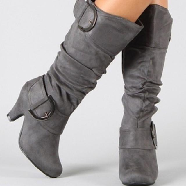 Women's Boots Chunky Heel Round Toe Suede Mid-Calf Boots Fall & Winter Black / Purple / Red