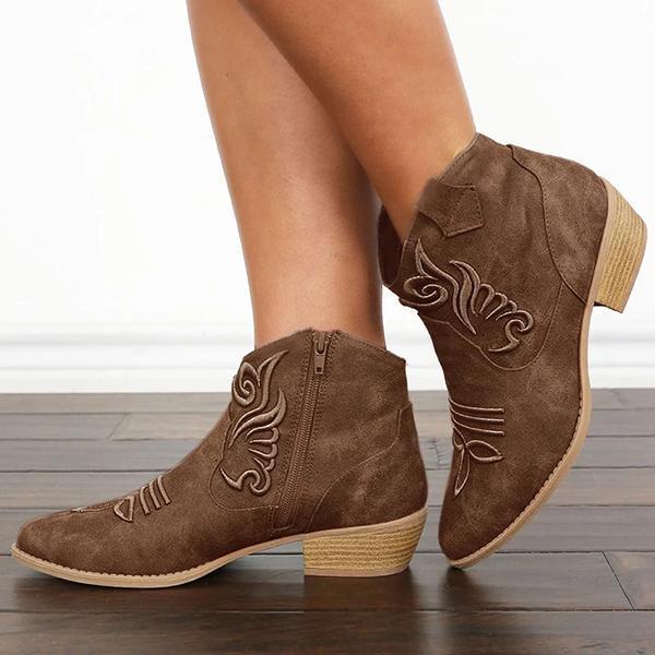 Embroidery Zipper Vintage Round Toe Boots