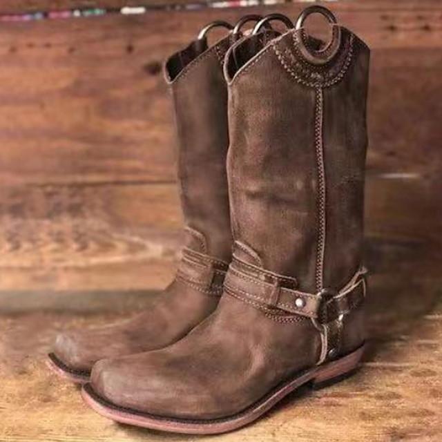 Women's Boots Cowboy Western Boots Flat Heel Round Toe Vintage British Daily Buckle Solid Colored PU Mid-Calf Boots Black / Red / Brown