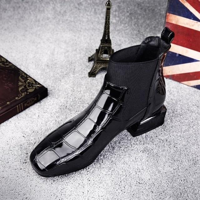 Chic Women Boots Shiny PU Leather Autumn Winter Shoes Woman Spuare Toe Block Heels Ankle Boots