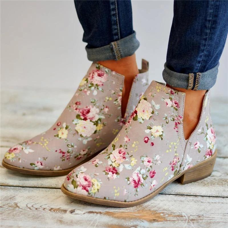 Elegant Floral Slip-On Ankle Boots