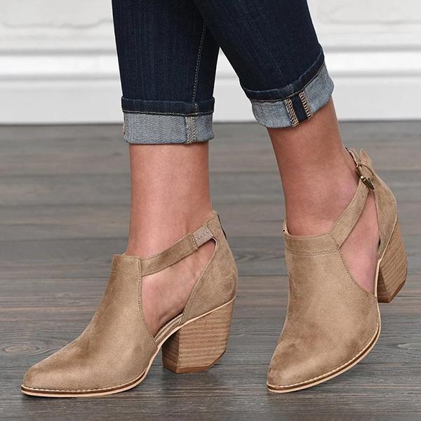 Buckle Cut Out Chunky Heel Zipper Boots