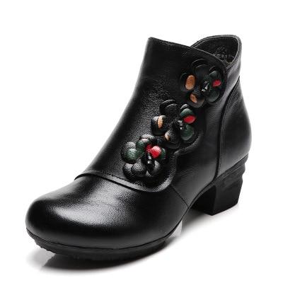 Cow Genuine Leather Winter Boots Soft Flower Comfortable Warm Spare Heel Ankle Boots