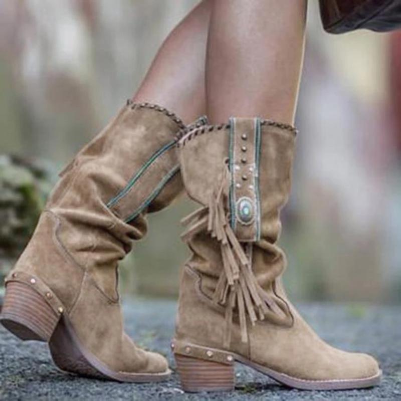 Women Fringed Suede Mid-calf Boots