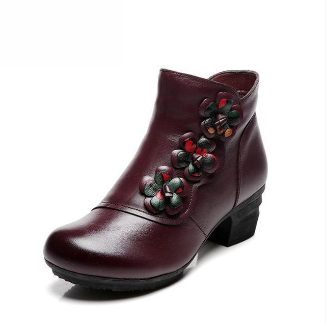 Cow Genuine Leather Winter Boots Soft Flower Comfortable Warm Spare Heel Ankle Boots