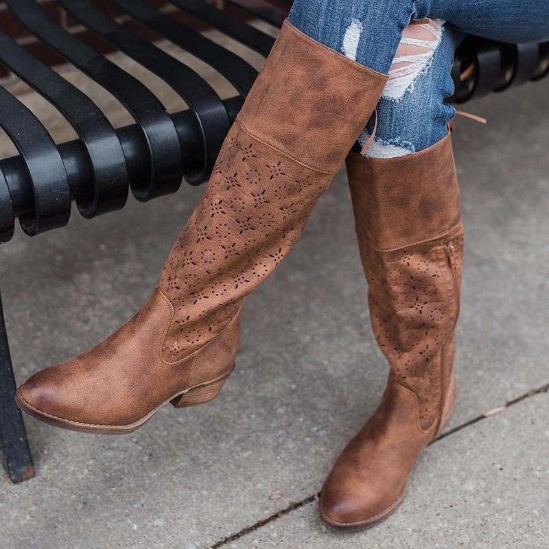PLUS SIZE VINTAGE LEATHER ZIPPER KNEE BOOTS