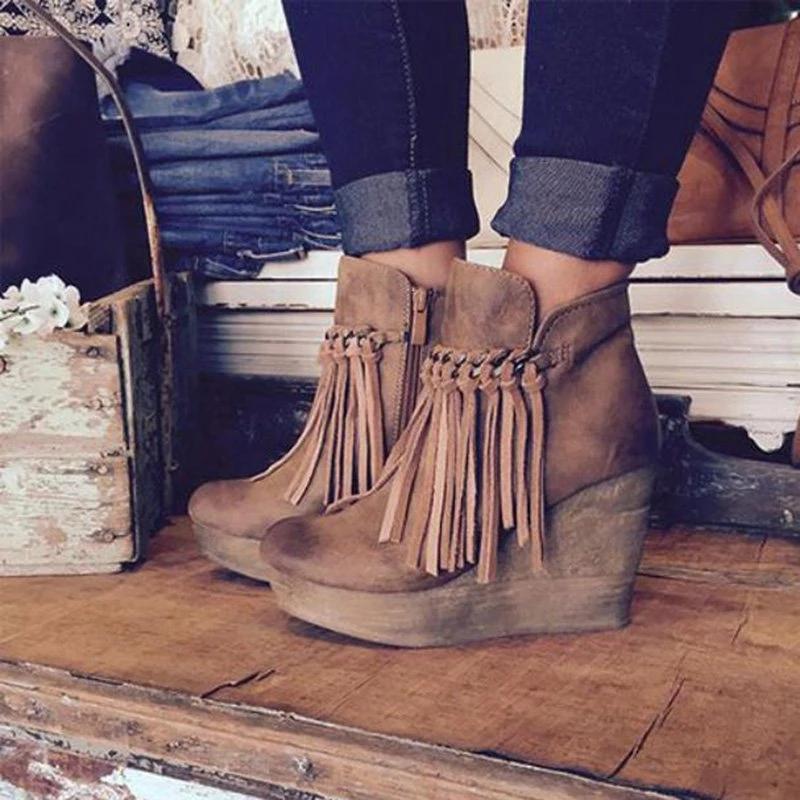 Tassel Wedge Heel Zipper Shoes