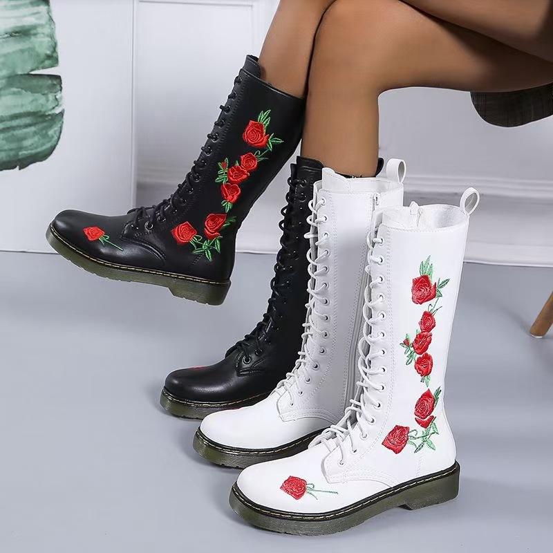 Embroidered Martin Boots with Casual Square Heel