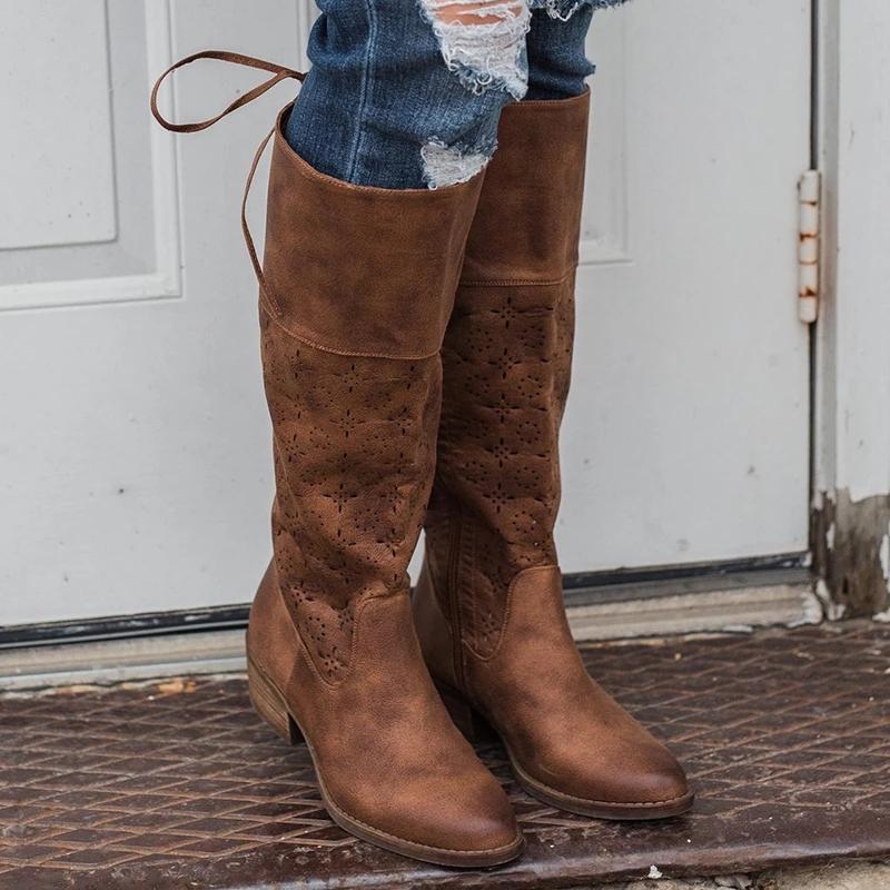 PLUS SIZE VINTAGE LEATHER ZIPPER KNEE BOOTS