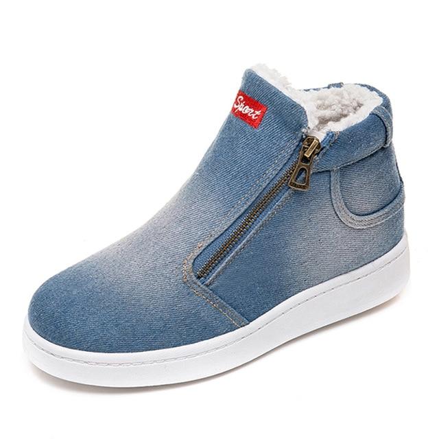 Women Denim Jeans Boots Fleece Push Snow Boots Flat Casual Shoes