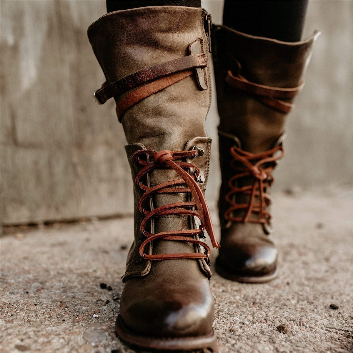 Vintage Women Lace-up Boots Adjustable Buckle Faux Leather Low Heel Boots