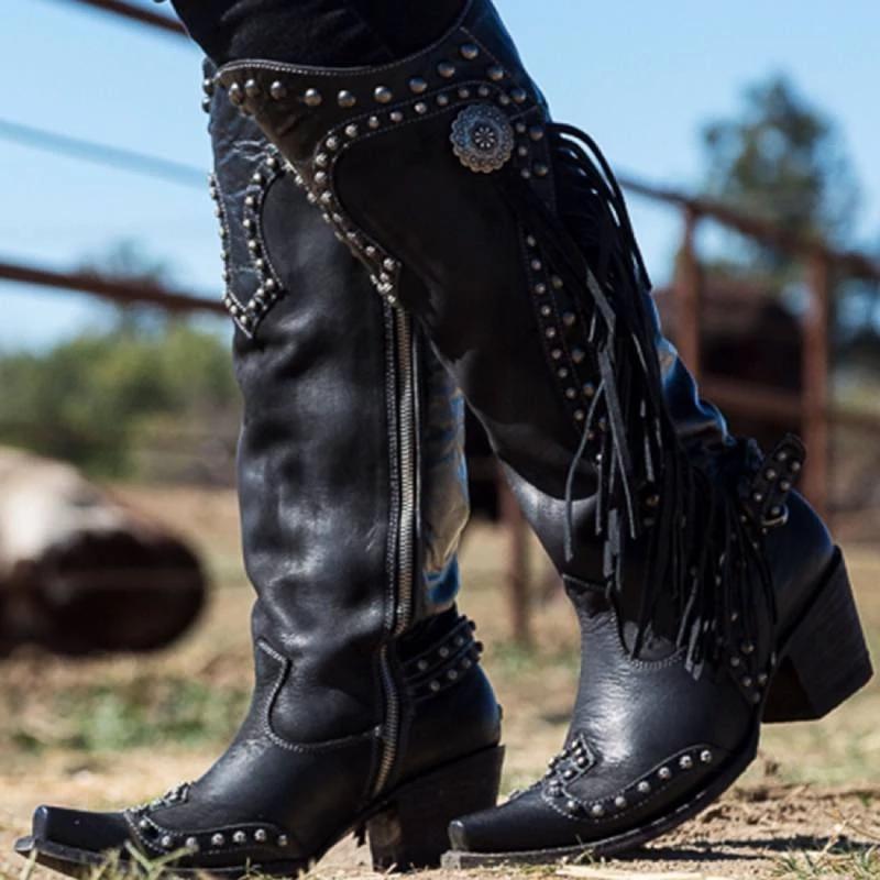 Women Vintage Tassel Western Boots With Zipper