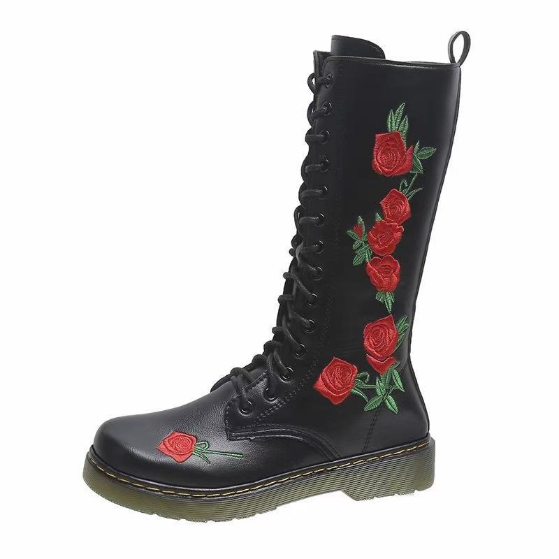 Embroidered Martin Boots with Casual Square Heel