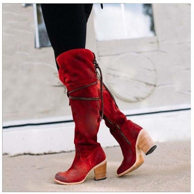 Women's Boots Cuban Heel Round Toe Casual Basic Daily Solid Colored Suede Over The Knee Boots Walking Shoes Black / Red / Black / Yellow