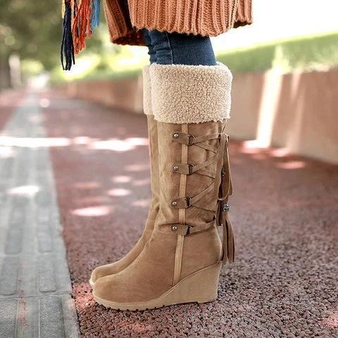 Womens Fashion Lace Round Toe Scrub High Heel Snow Boots