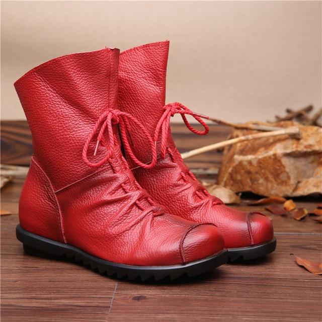 Vintage Style Genuine Leather Women Boots Flat Booties Soft Cowhide Women's Shoes Front Zip Ankle Boots