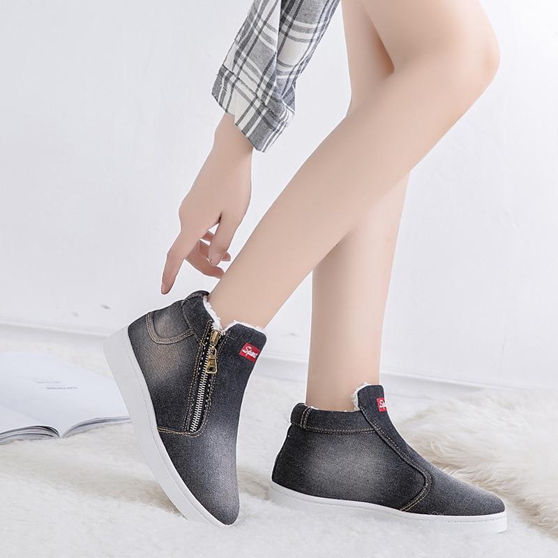 Women Denim Jeans Boots Fleece Push Snow Boots Flat Casual Shoes