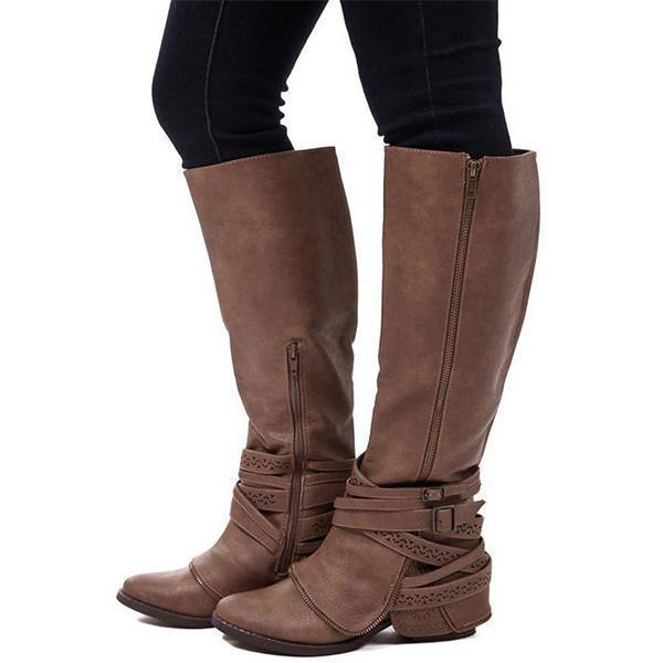 Wide Calf Fashion Thigh-high Bandage Low-heel Zipper Boots Shoes Mid Calf