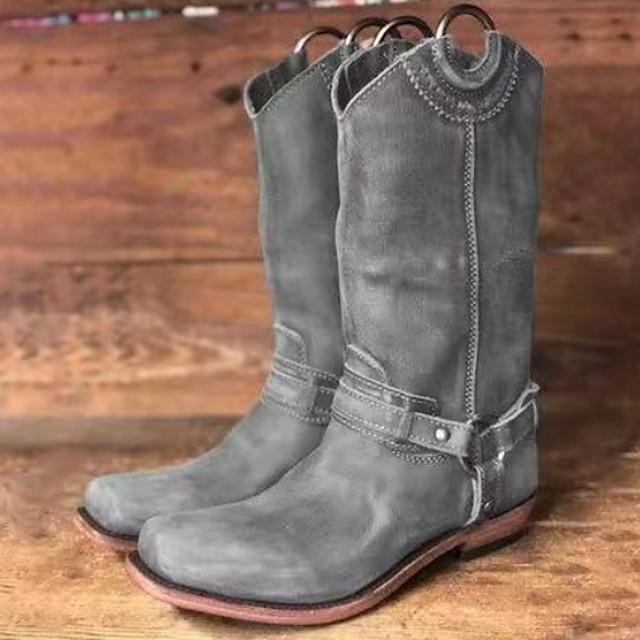 Women's Boots Cowboy Western Boots Flat Heel Round Toe Vintage British Daily Buckle Solid Colored PU Mid-Calf Boots Black / Red / Brown