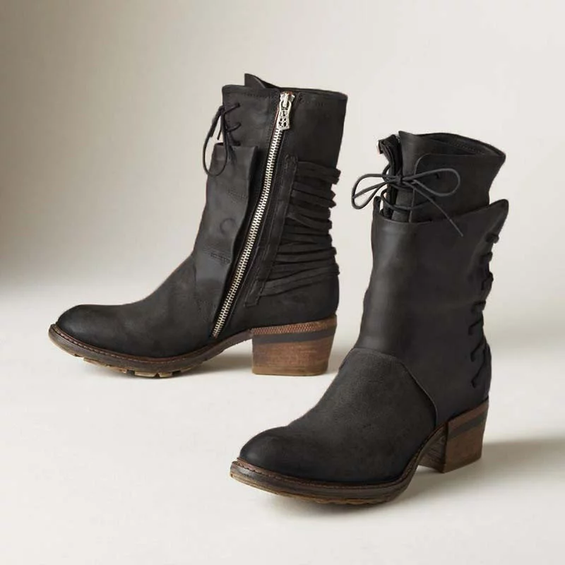 Vintage Chunky Heels Zipper Boots Cool Bandage Martin Boots