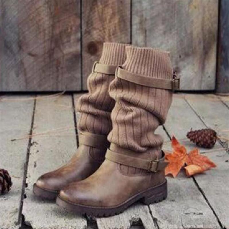 European and American Large Martin Boots Retro Style Medium Tube Flat Bottom Belt Buckle Woolen Boots Woman