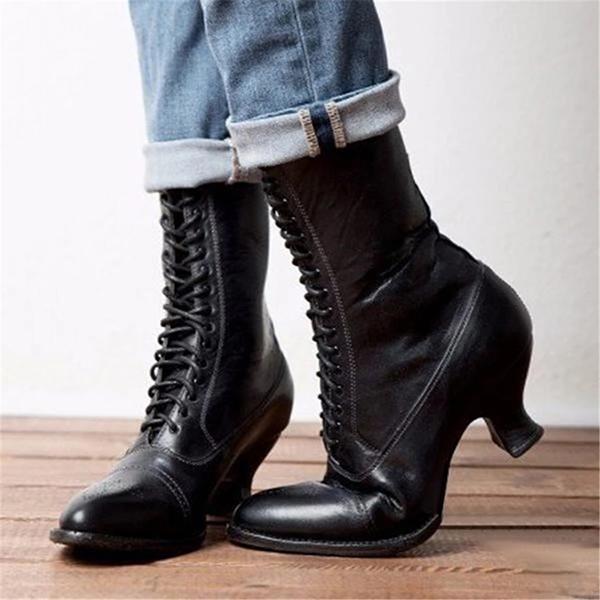 Women's Lace-Up Retro Low Heel Boots