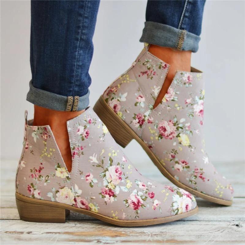 Elegant Floral Slip-On Ankle Boots