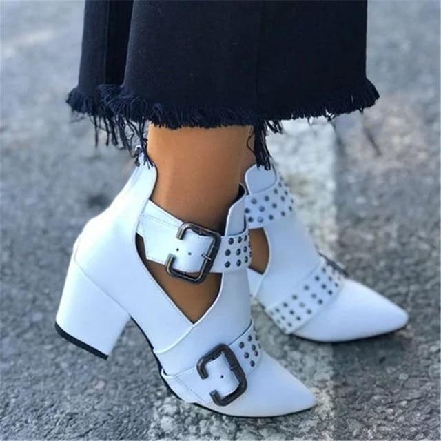 Women Cut Out Booties Rivet Buckle Strap Back Zipper Leather Stitch Ankle Casual Boots Female Shoes
