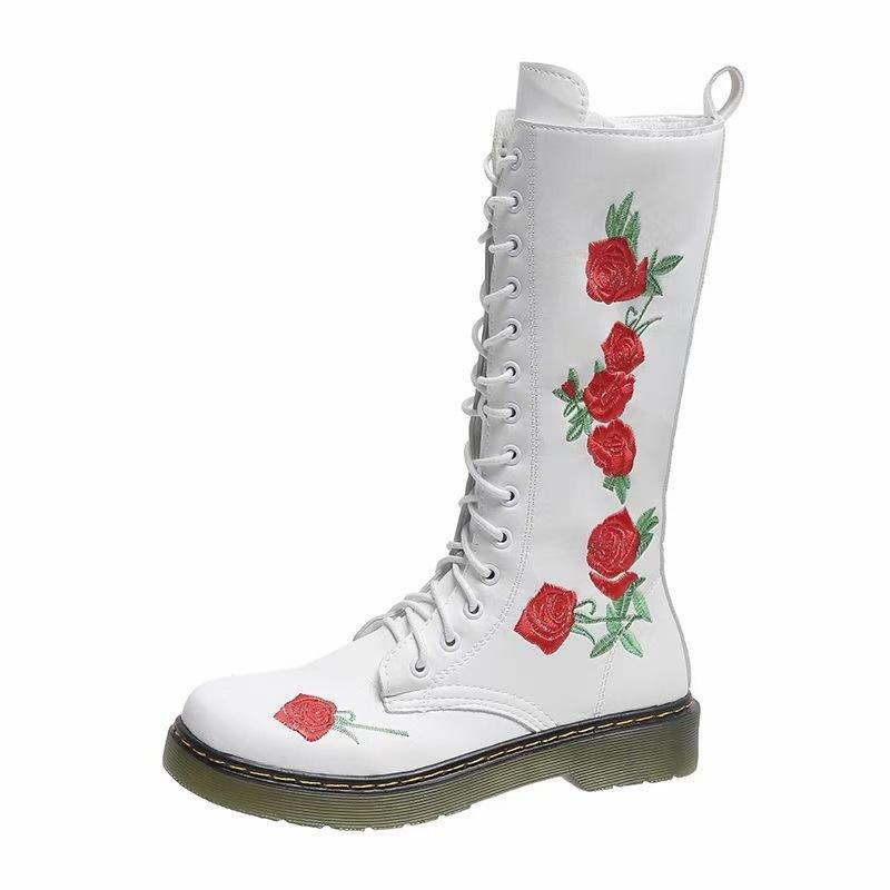 Embroidered Martin Boots with Casual Square Heel