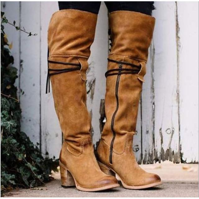 Women's Boots Cuban Heel Round Toe Casual Basic Daily Solid Colored Suede Over The Knee Boots Walking Shoes Black / Red / Black / Yellow