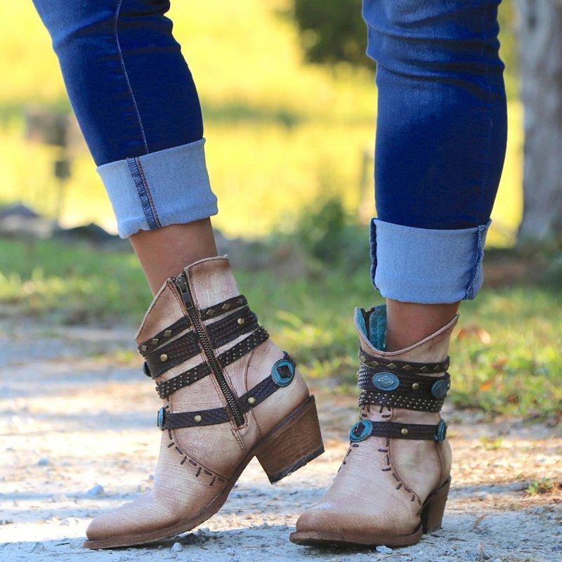 Faux Leather Chain Chunky Heel Boots
