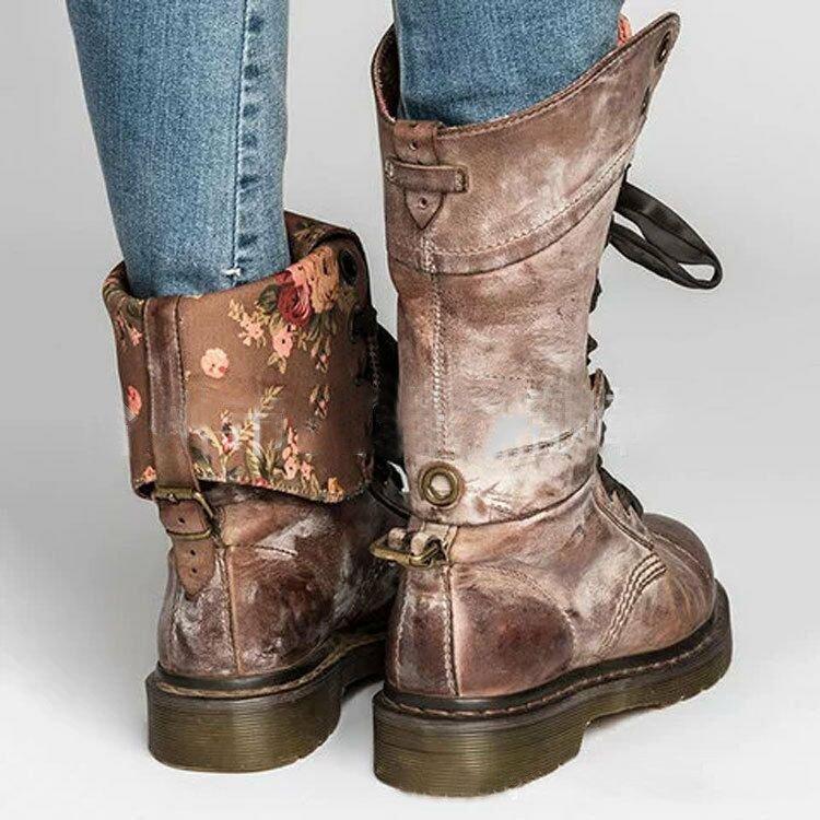 Leather buckle mid tube boots autumn winter Martin boots European and American retro buffing Lace Up Boots