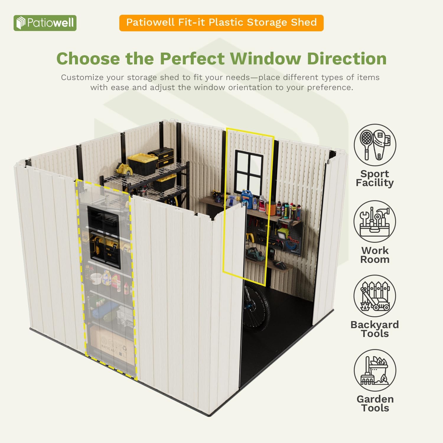 Patiowell 8 x 6 FT Plastic Outdoor Storage Shed with Floor, Resin Shed with Window and Lockable Door for Garden, Backyard, Tool Storage Use, Easy to Install in Beige (Kick-it Shed)