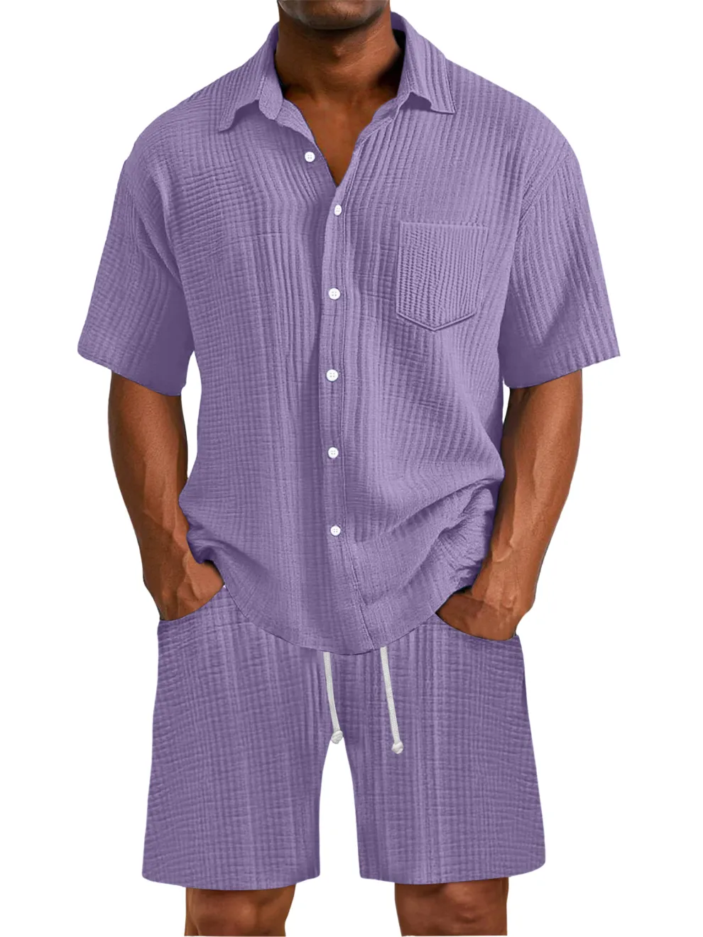 Men's Daily Wrinkled Texture Pocket Shirt Shorts Set
