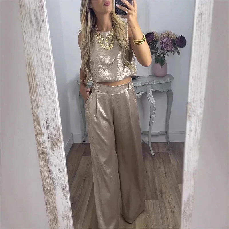 Women's 2-Piece Glossy Outfit Tank Top & Wide Leg Pants
