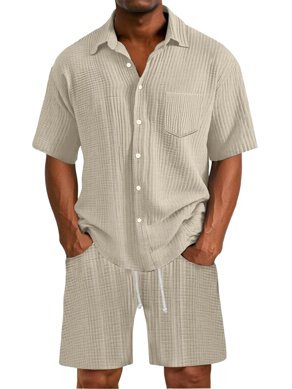 Men's Daily Wrinkled Texture Pocket Shirt Shorts Set