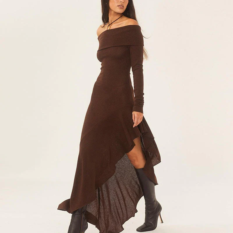 Temperament Off Shoulder Long Sleeve Irregular Hem Stretch Maxi Dress