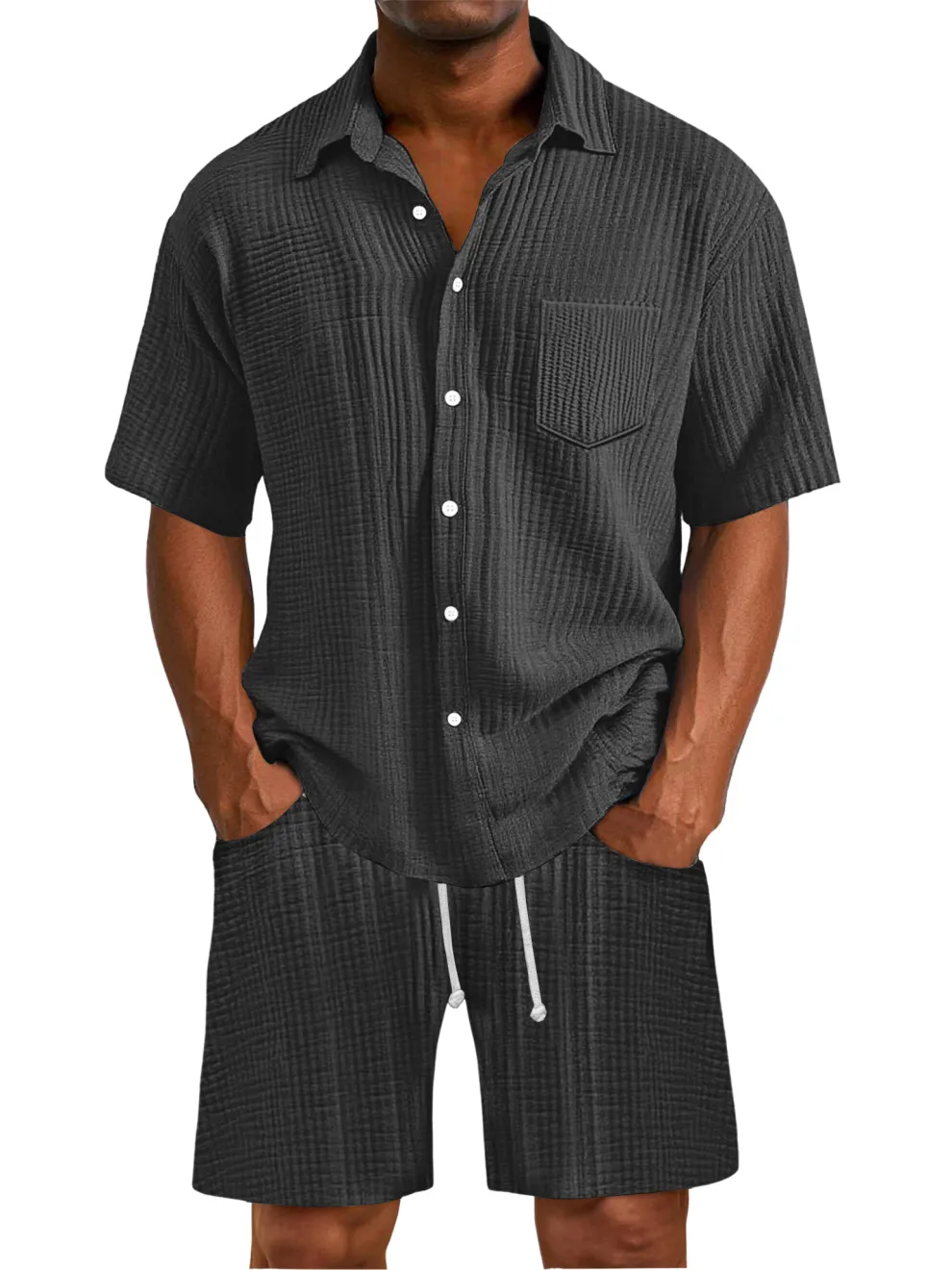 Men's Daily Wrinkled Texture Pocket Shirt Shorts Set