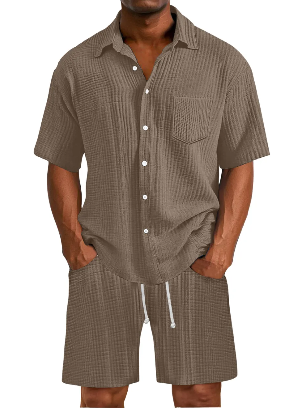 Men's Daily Wrinkled Texture Pocket Shirt Shorts Set