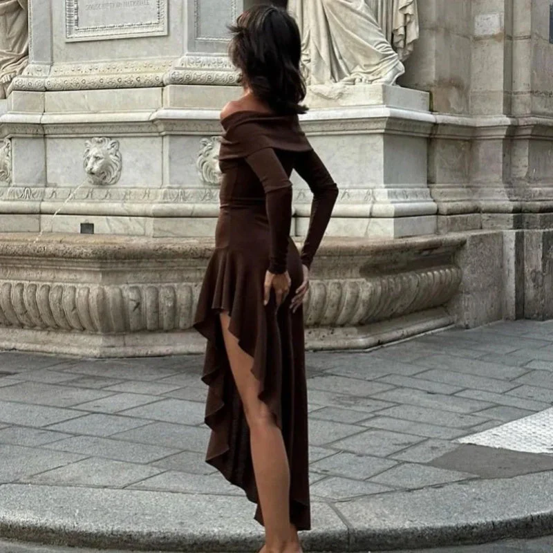 Temperament Off Shoulder Long Sleeve Irregular Hem Stretch Maxi Dress