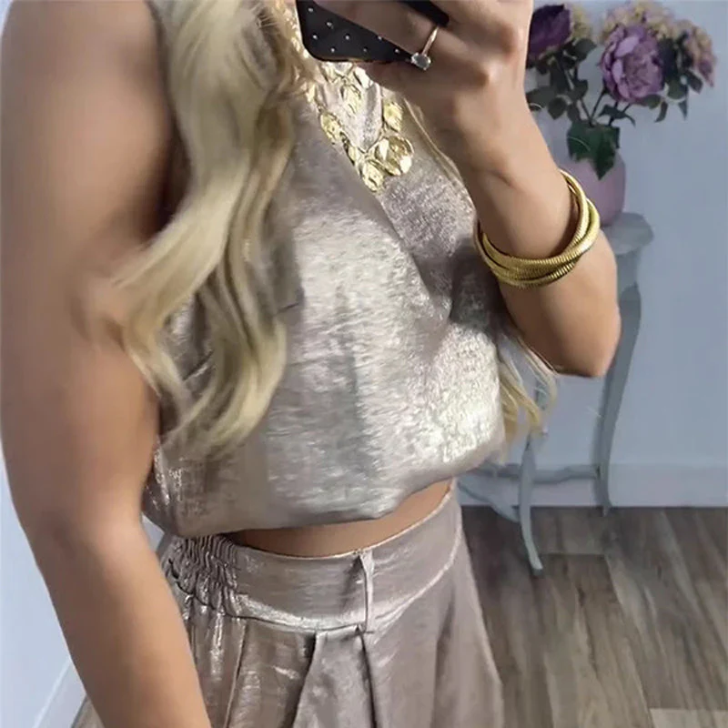 Women's 2-Piece Glossy Outfit Tank Top & Wide Leg Pants