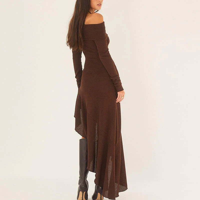 Temperament Off Shoulder Long Sleeve Irregular Hem Stretch Maxi Dress