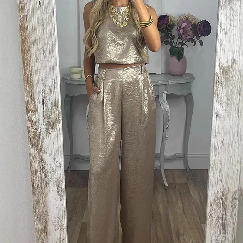 Women's 2-Piece Glossy Outfit Tank Top & Wide Leg Pants