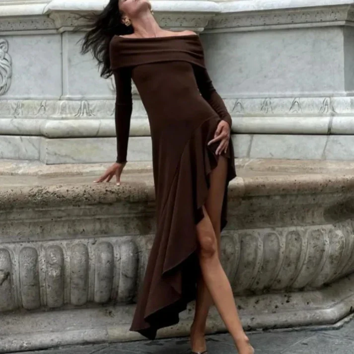 Temperament Off Shoulder Long Sleeve Irregular Hem Stretch Maxi Dress