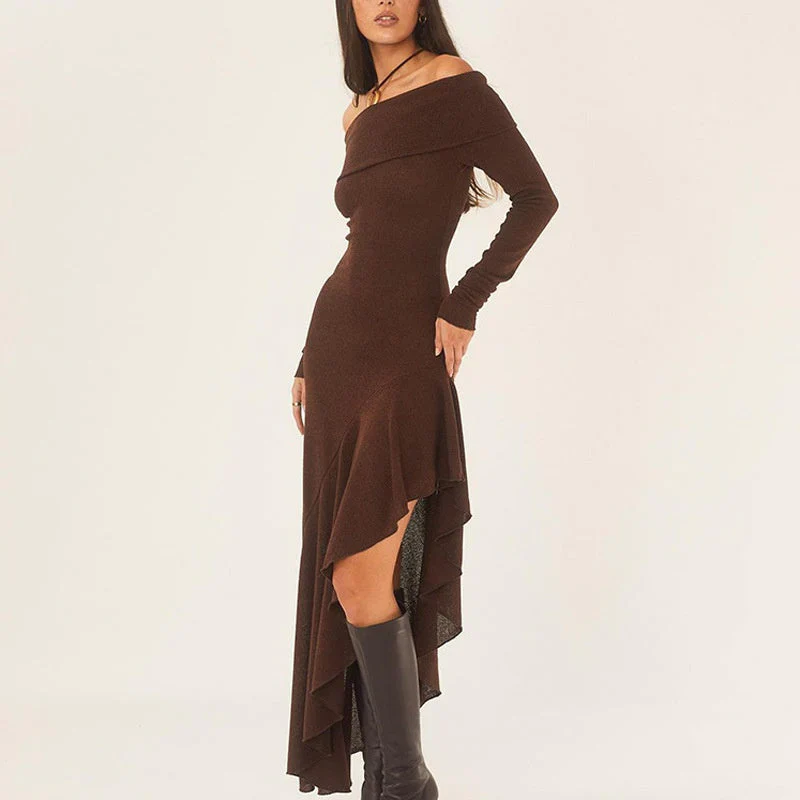 Temperament Off Shoulder Long Sleeve Irregular Hem Stretch Maxi Dress