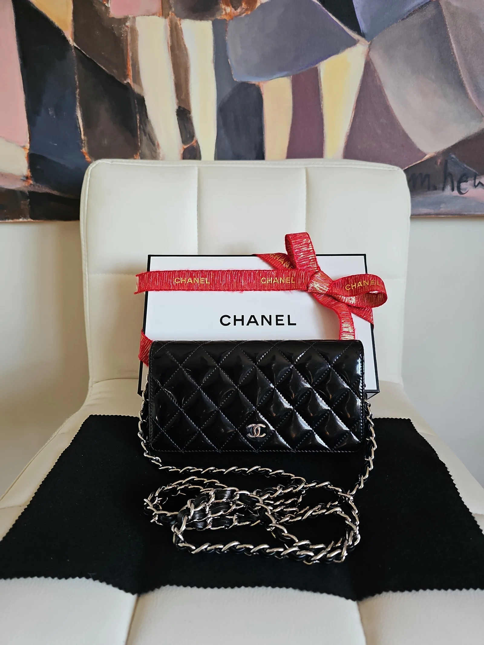 CHANEL Black Patent Leather Quilted Wallet