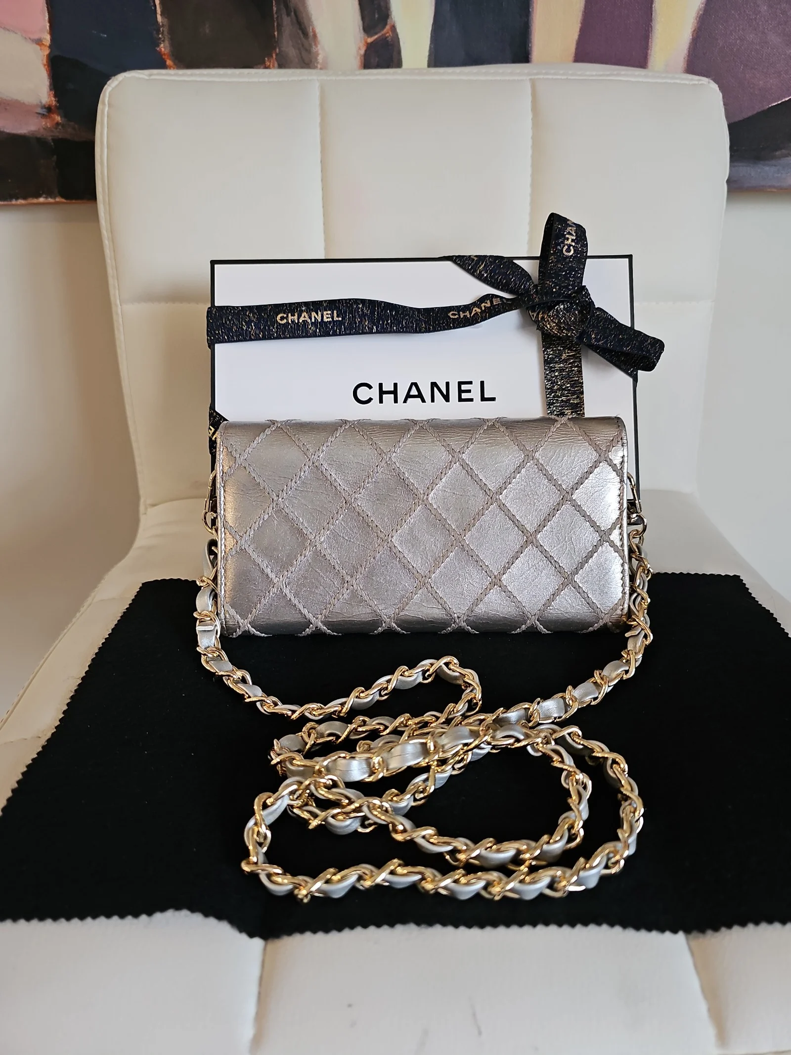 CHANEL Silver Leather Quilted Long Wallet