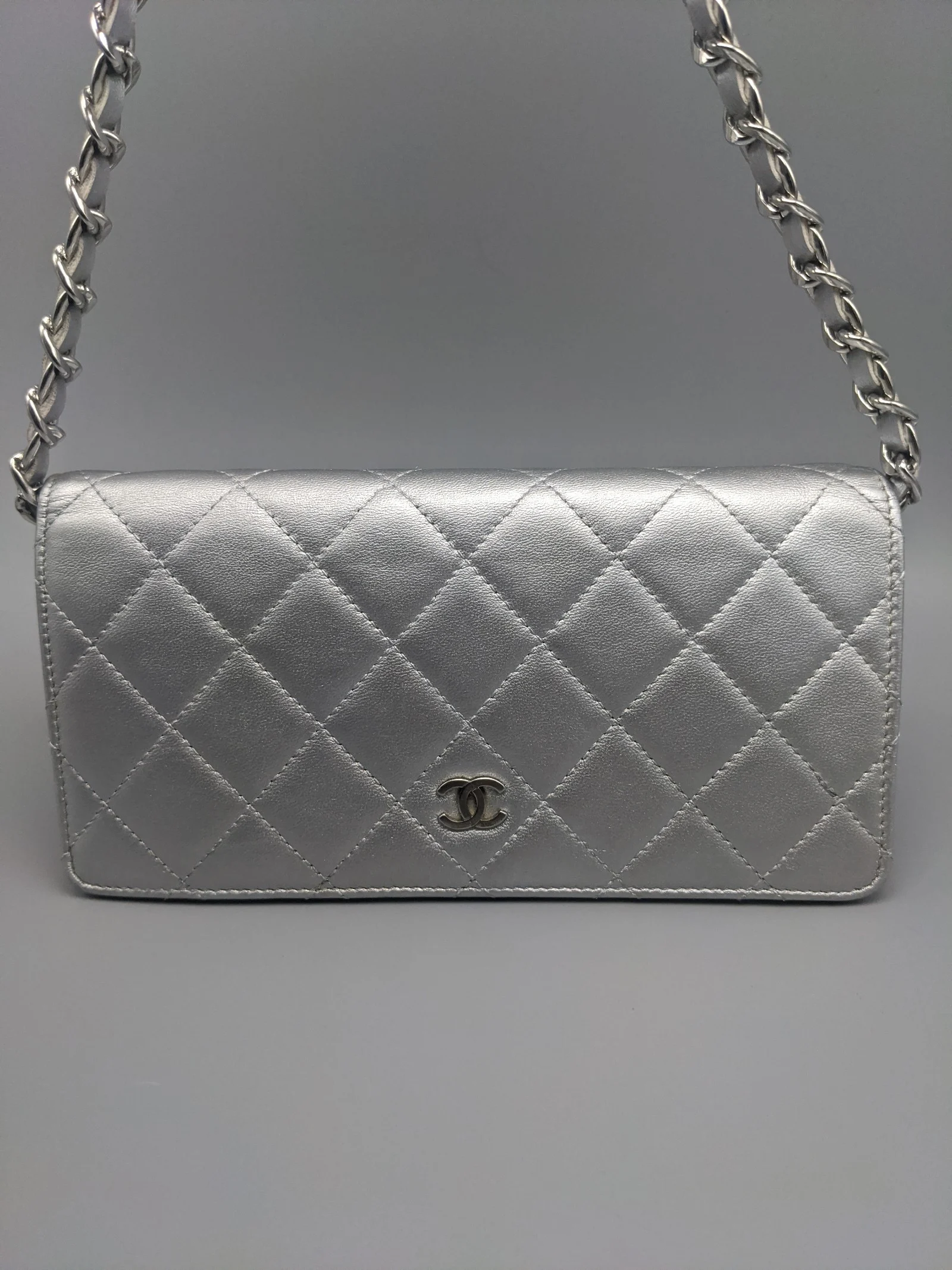 Chanel Metallic Silver Lambskin Leather CC Long Full Flap Bag Wallet
