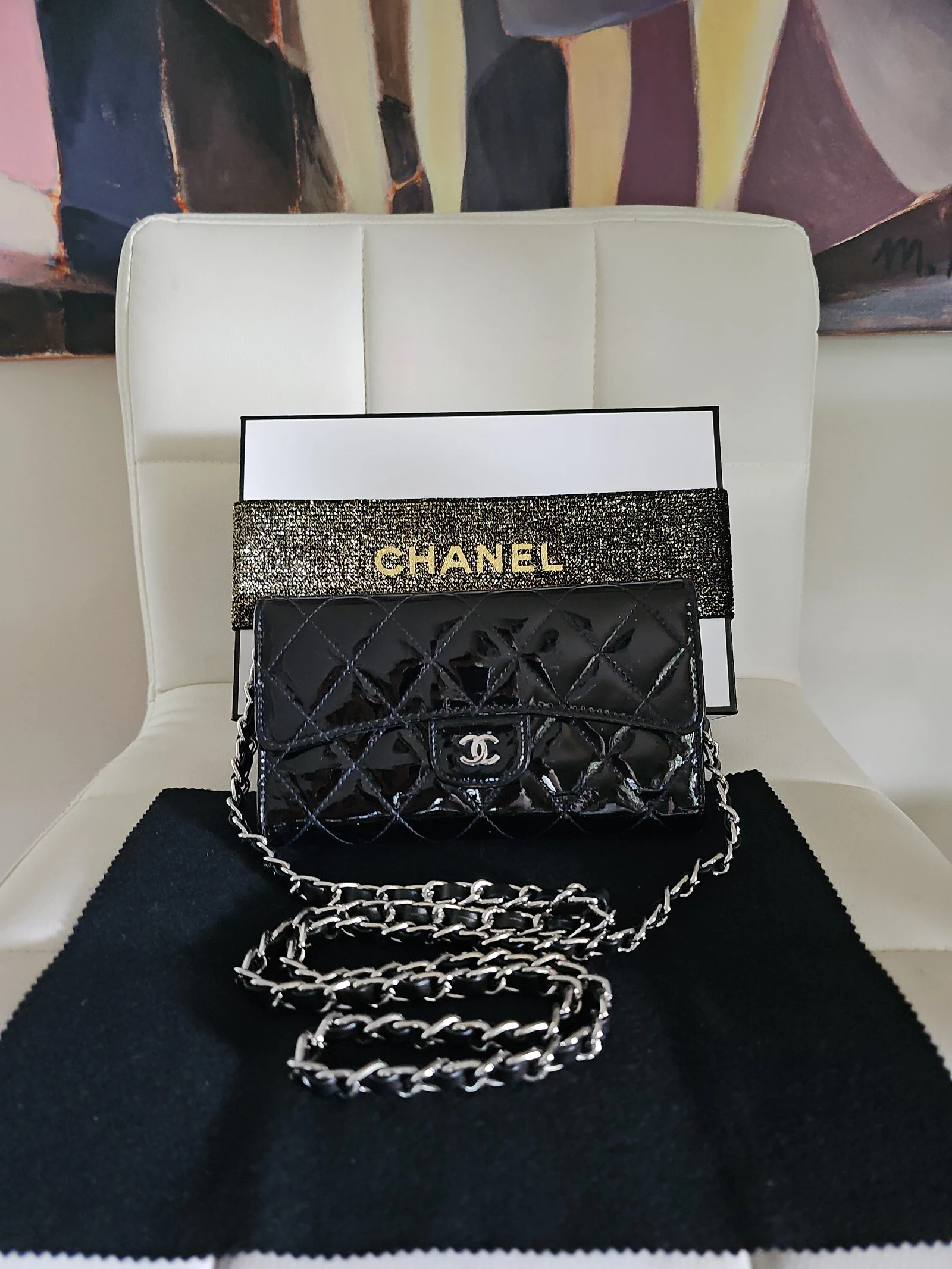 CHANEL Patent Leather Quilted Large Flap Wallet