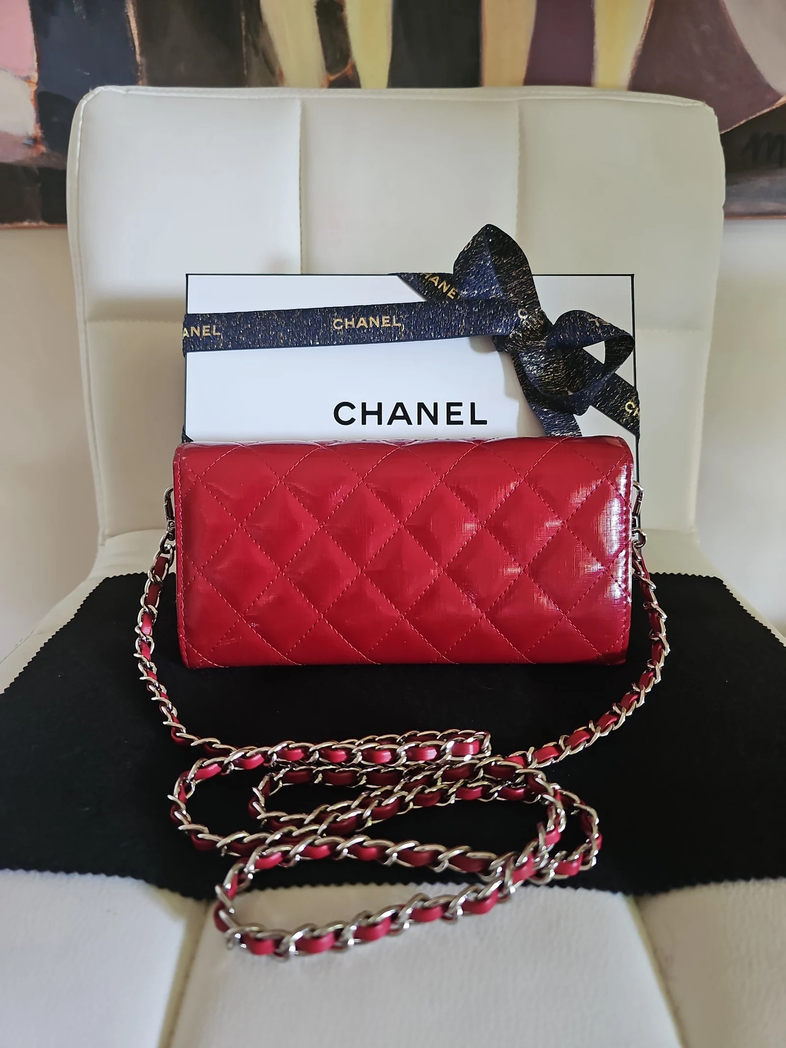 CHANEL Red Patent Leather Quilted Long Wallet